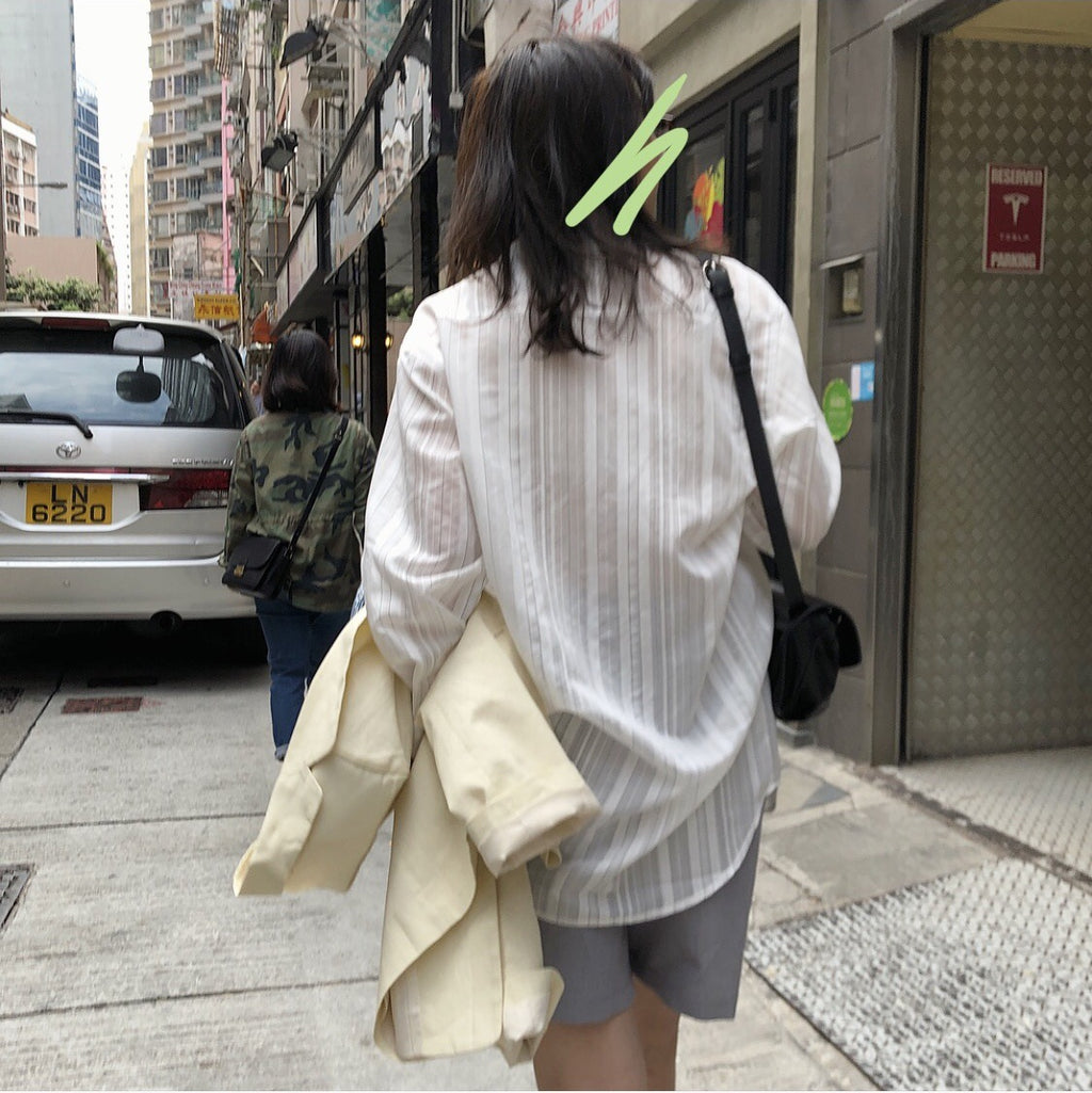 Summer new Korea is lazy, casual lap striped shirt method loose thin sunscreen light perspective
