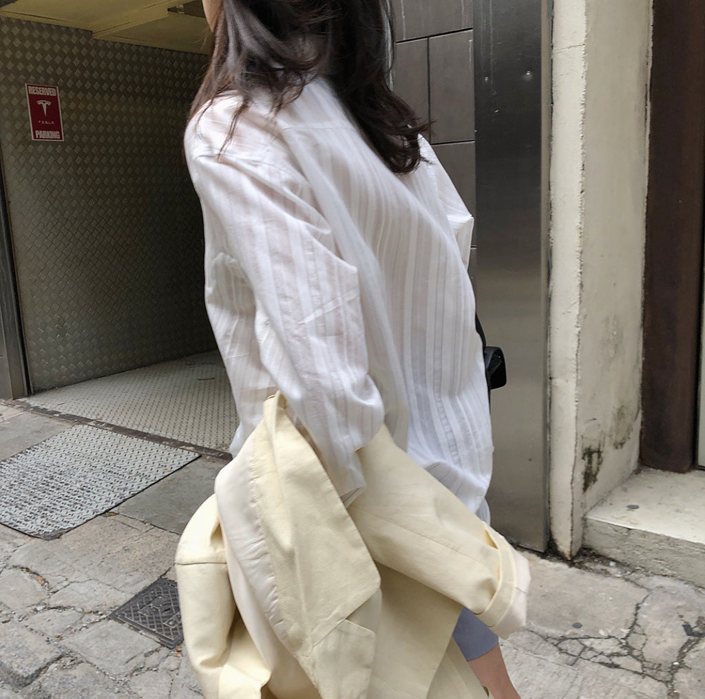 Summer new Korea is lazy, casual lap striped shirt method loose thin sunscreen light perspective