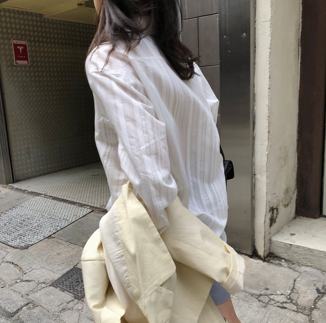 Summer new Korea is lazy, casual lap striped shirt method loose thin sunscreen light perspective