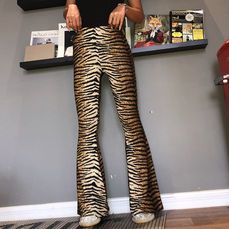 hot products autumn new elastic high waist leopard print flared pants women's long women's clothing wholesale