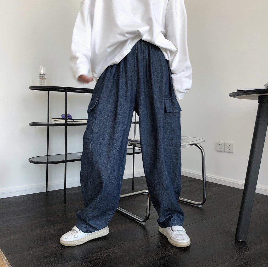 Summer new Japanese street workpiece jeans wide leg pocket loose fashion slim water washing soft trousers women