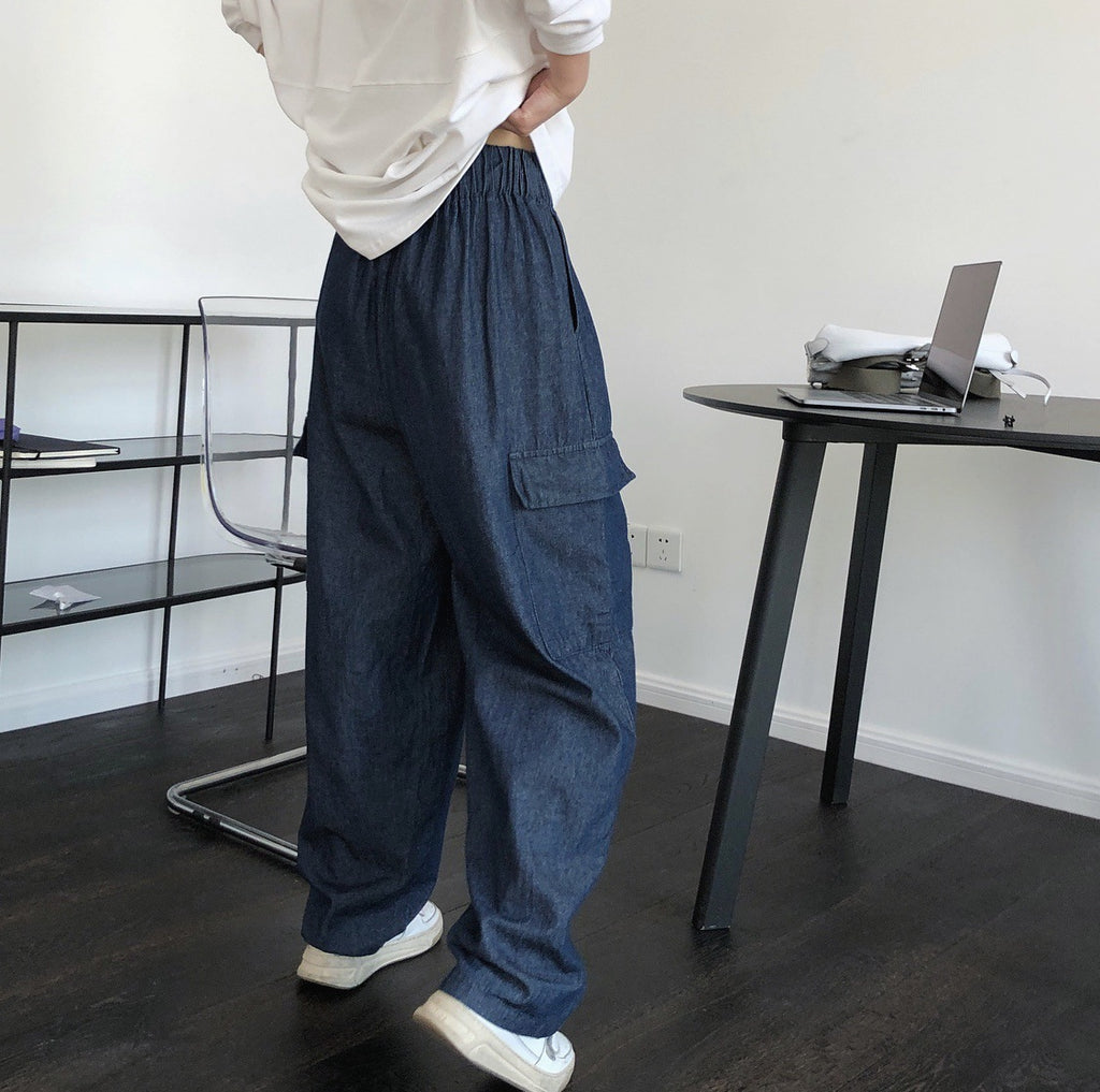 Summer new Japanese street workpiece jeans wide leg pocket loose fashion slim water washing soft trousers women