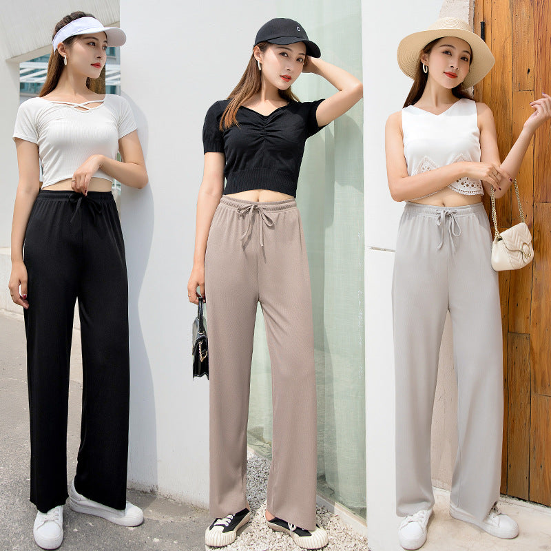 Ice silk hairspants women summer high waist vertical slim easing loose wild straight spring and autumn thin section mop casual pants