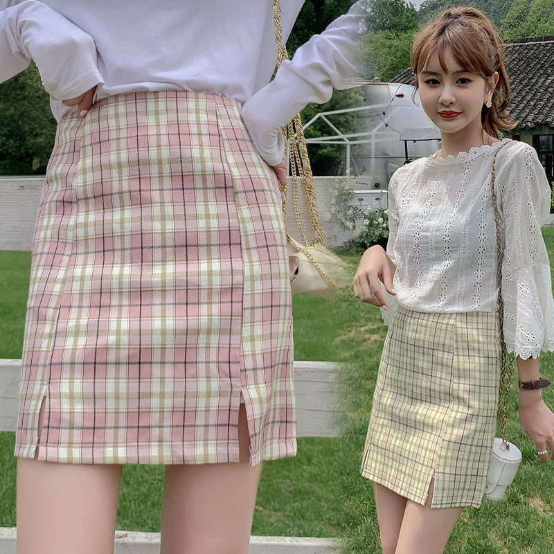 Plaid half-length skirt female short skirt 2021 new pleated skirt Korean version of the student wind high waist pork A letter bag hip skirt