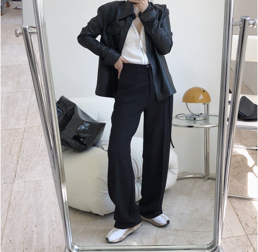 Autumn new simple hipster pen quite high waist straight trousers fine belt design loose casual thin trousers female