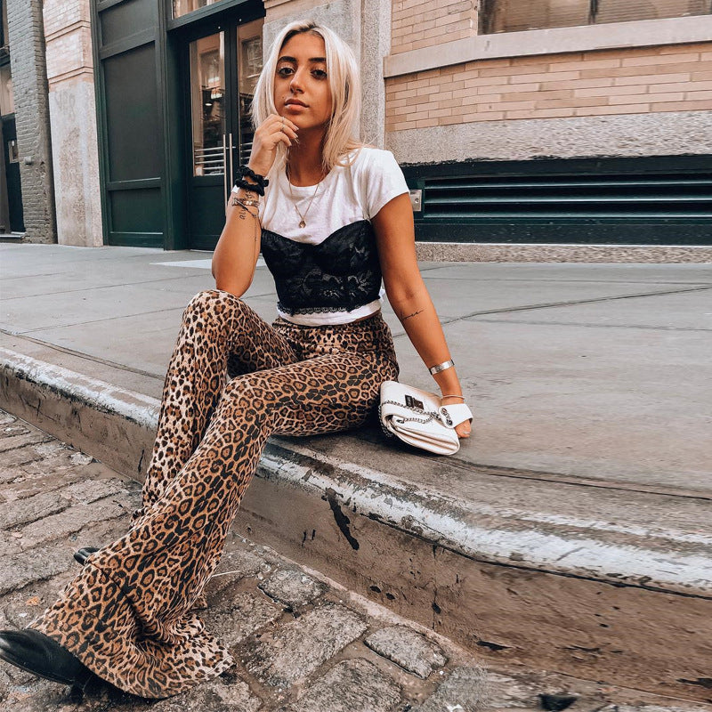 hot products autumn new elastic high waist leopard print flared pants women's long women's clothing wholesale