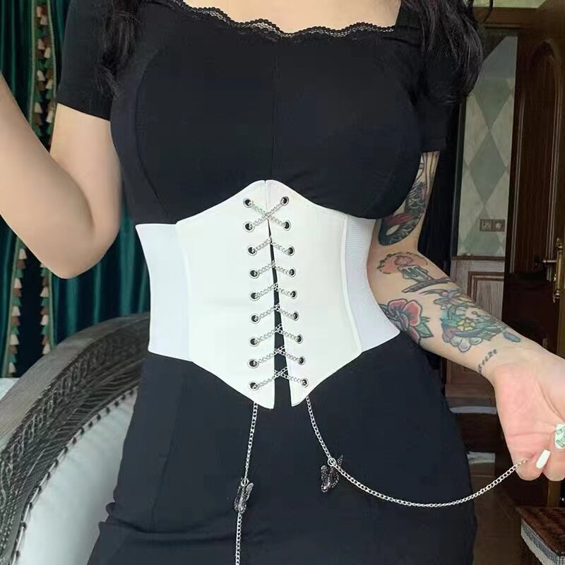 Corset Wide Belt PU Leather Body Shapewear Women Gothic Dress Belt Waist Cincher Slimming Belt Butterfly Chain Elastic Girdle