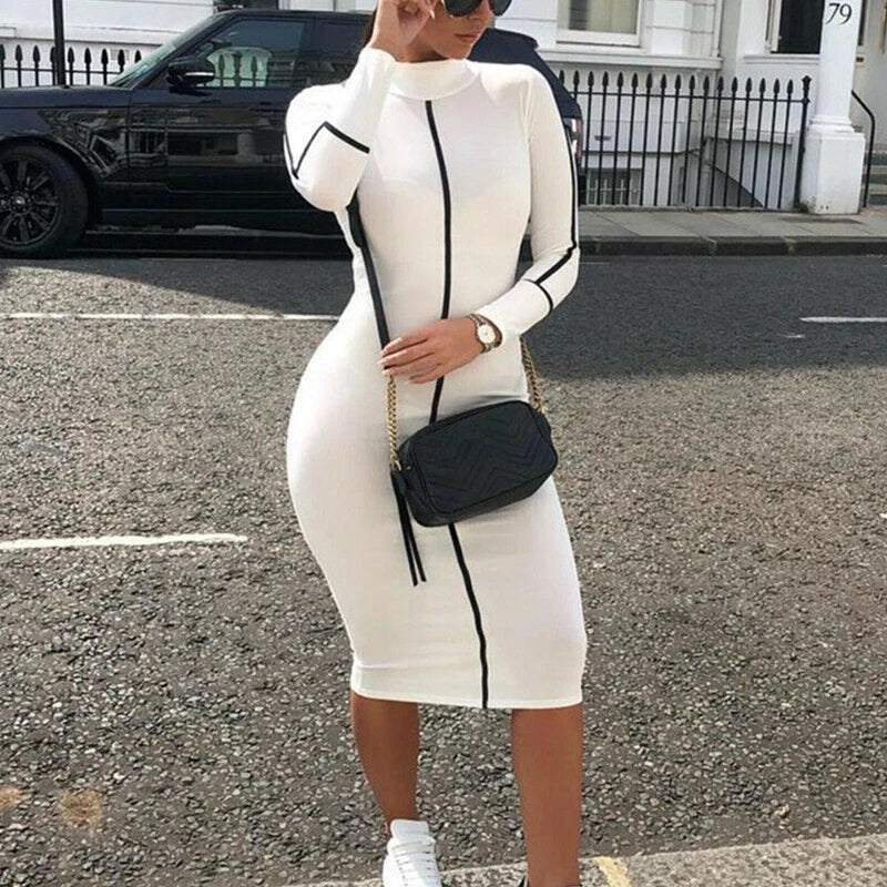 2020 New Fashion Women Sexy Bodycon Dress Autumn High Collar Long Sleeve Slim Fitness Dress Elegant Ladies Casual Pencil Dress