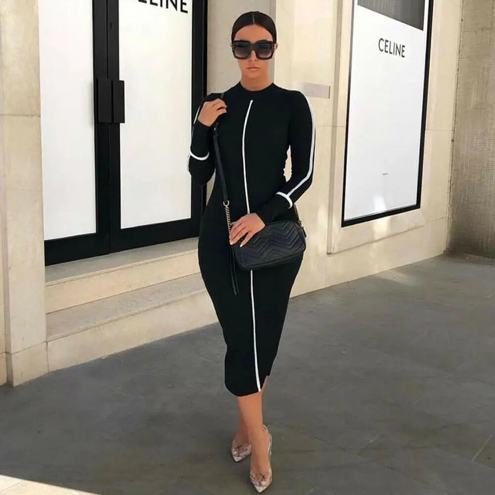 2020 New Fashion Women Sexy Bodycon Dress Autumn High Collar Long Sleeve Slim Fitness Dress Elegant Ladies Casual Pencil Dress