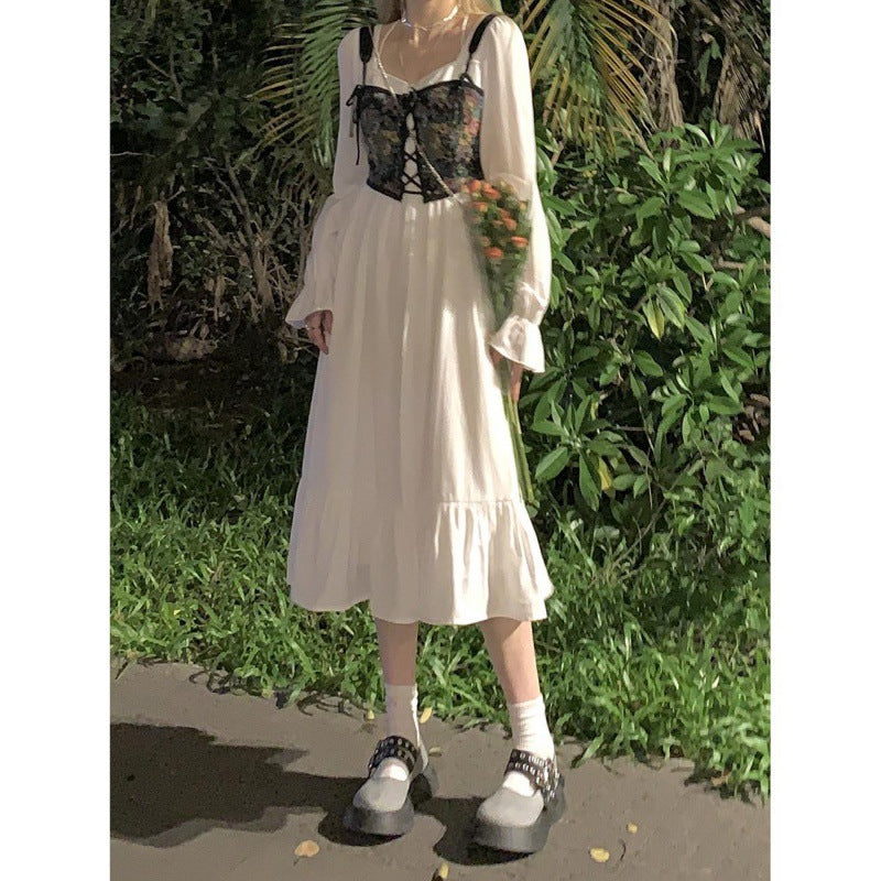 Large size women's white dress women's autumn 2021 new French square collar slim ruffled long-sleeved skirt