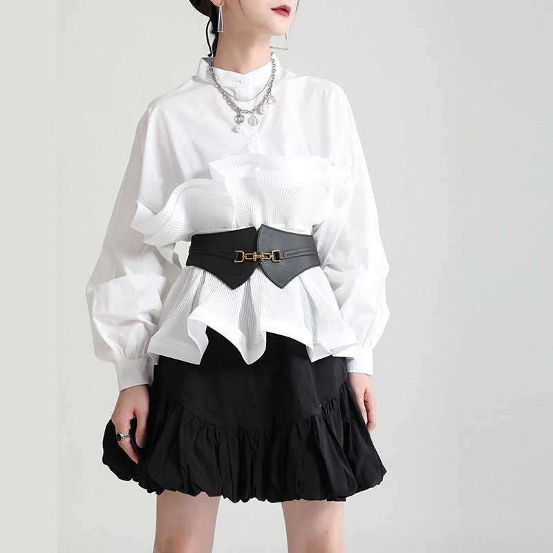 Ruffled waist shirt women's 2021 autumn design sense lantern sleeves three-dimensional petal corset waist slim slim top