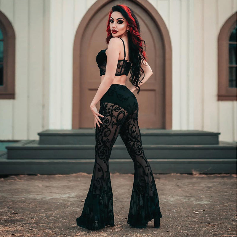 LQ21030 European and American new ins bohemian style perspective flared pants women's 2022 black casual long-leg pants