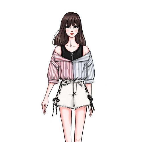 2021 summer all-match net red stitching striped short-sleeved shirt fake two-piece off-the-shoulder top women's jeans two-piece set
