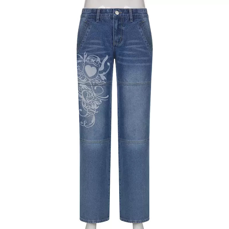 European and American street style women's irregular print loose trousers low waist pleated washed aged multicolor jeans