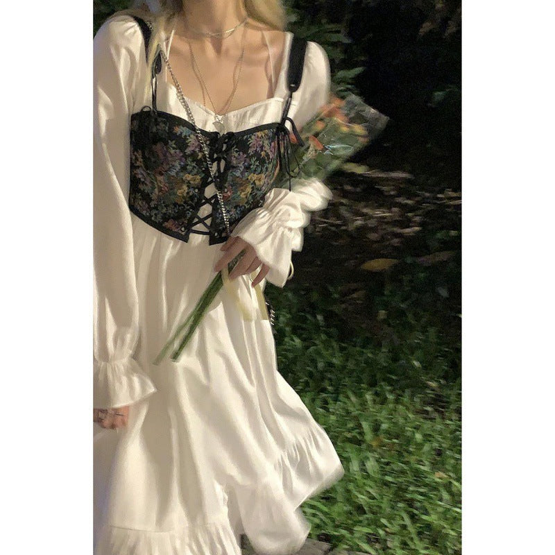 Large size women's white dress women's autumn 2021 new French square collar slim ruffled long-sleeved skirt