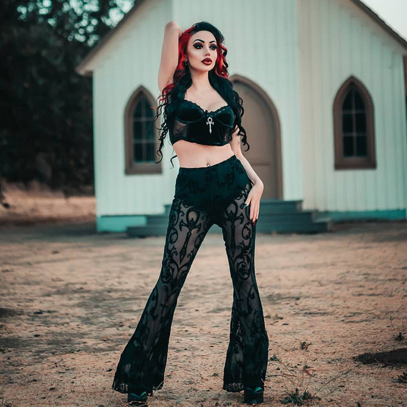 LQ21030 European and American new ins bohemian style perspective flared pants women's 2022 black casual long-leg pants