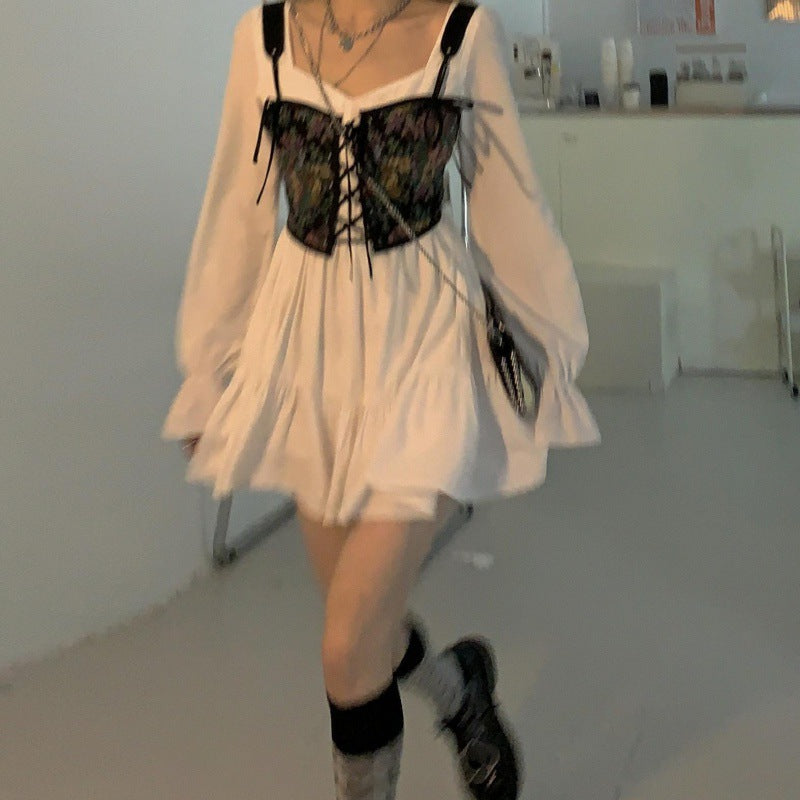 Large size women's white dress women's autumn 2021 new French square collar slim ruffled long-sleeved skirt