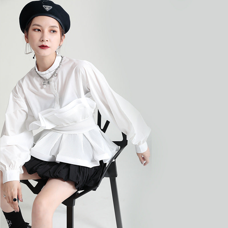Ruffled waist shirt women's 2021 autumn design sense lantern sleeves three-dimensional petal corset waist slim slim top