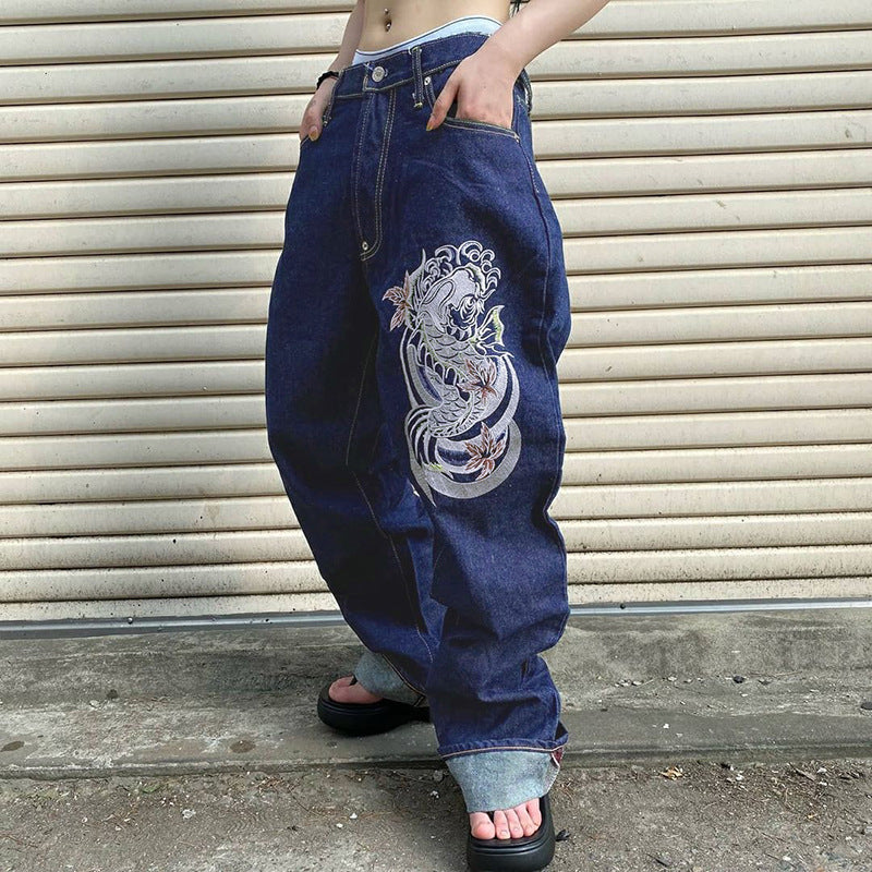 European and American street style women's irregular print loose trousers low waist pleated washed aged multicolor jeans