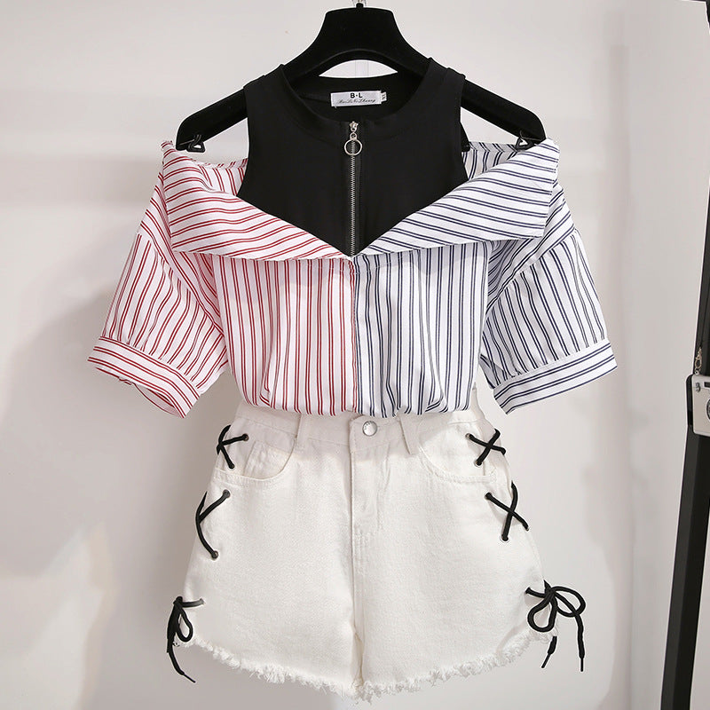 2021 summer all-match net red stitching striped short-sleeved shirt fake two-piece off-the-shoulder top women's jeans two-piece set