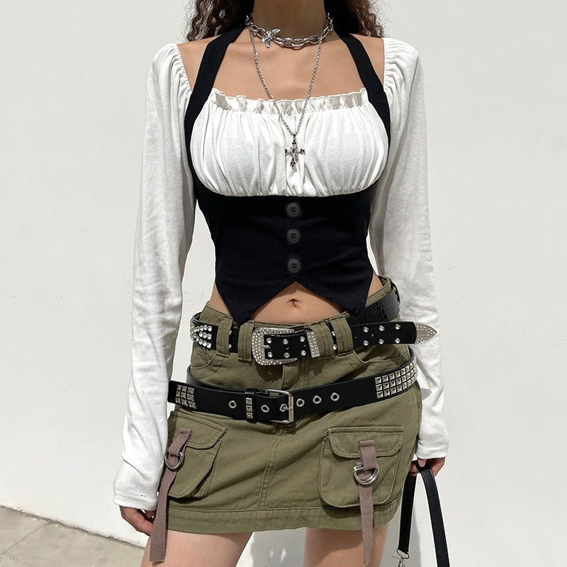 Goth Button-Up Corset Long Sleeve Top
