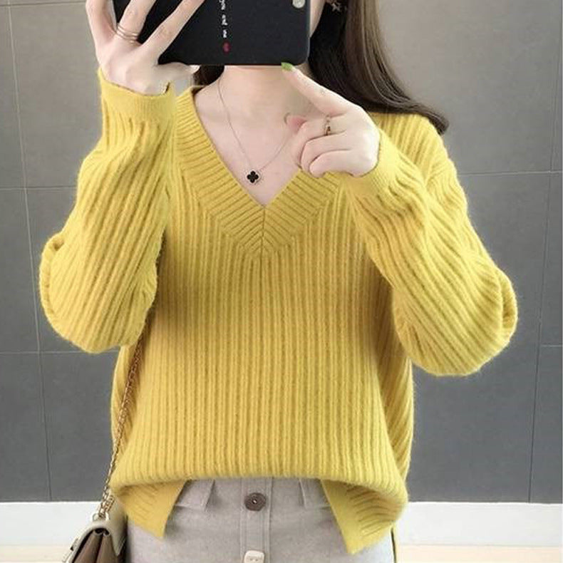 Wholesale autumn and winter new sets of V-colored women's bottoming shirt 2021 Korean version of loose lazy long-sleeved sweater