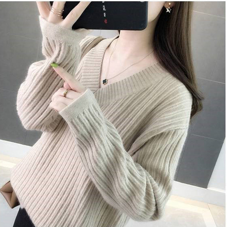 Wholesale autumn and winter new sets of V-colored women's bottoming shirt 2021 Korean version of loose lazy long-sleeved sweater