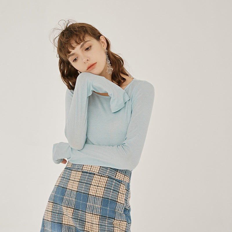 Vanessaliu light version giant wear bottoming shirt female 2021 spring women's new solid color round neck bottoming shirt
