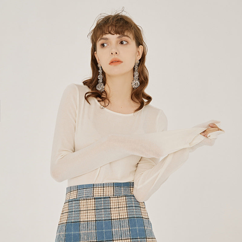 Vanessaliu light version giant wear bottoming shirt female 2021 spring women's new solid color round neck bottoming shirt