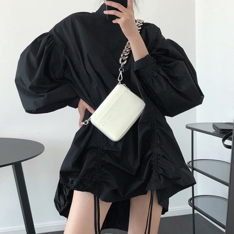 Spring new design stitching irregular collar joint dress age-age slimming lantern sleeve doll skirt