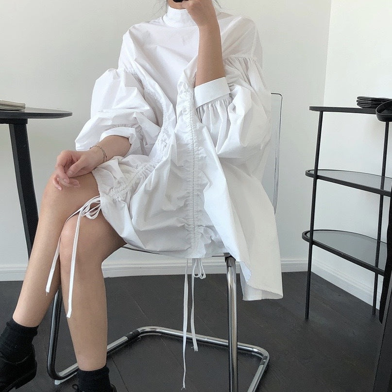 Spring new design stitching irregular collar joint dress age-age slimming lantern sleeve doll skirt