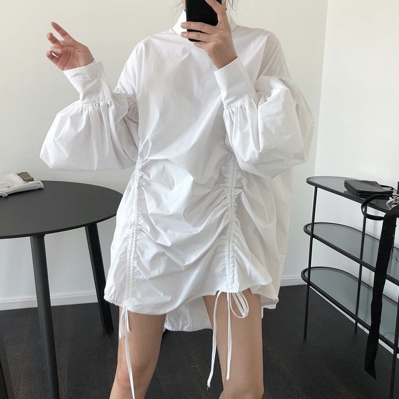 Spring new design stitching irregular collar joint dress age-age slimming lantern sleeve doll skirt