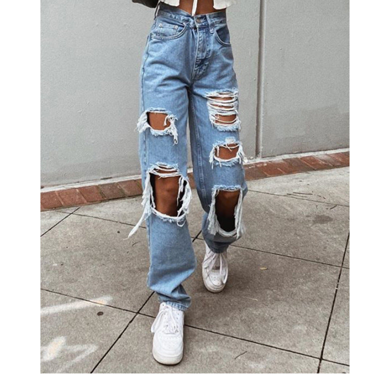Spot Amazon AliExpress European and American style jeans ripped thin washed ladies jeans trousers