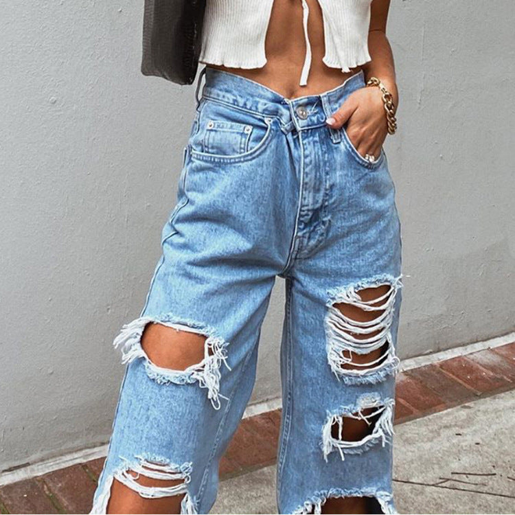 Spot Amazon AliExpress European and American style jeans ripped thin washed ladies jeans trousers