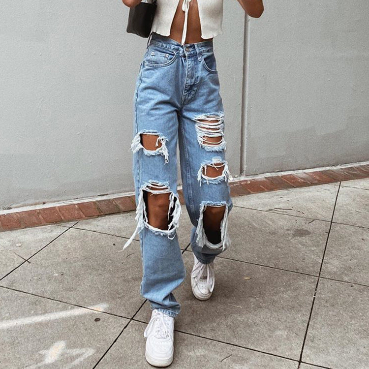 Spot Amazon AliExpress European and American style jeans ripped thin washed ladies jeans trousers