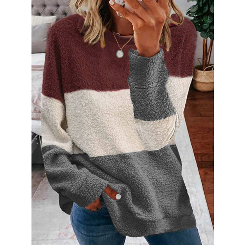 Cross-border European and American foreign trade women's clothing 2020 new wish hot sale autumn and winter plush stitching contrast coat women's sweater