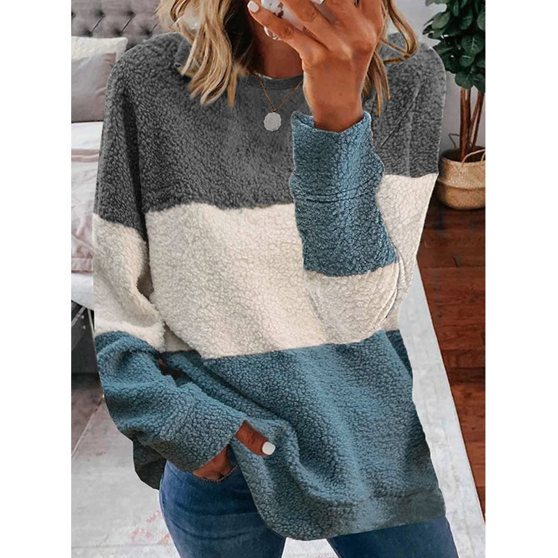 Cross-border European and American foreign trade women's clothing 2020 new wish hot sale autumn and winter plush stitching contrast coat women's sweater