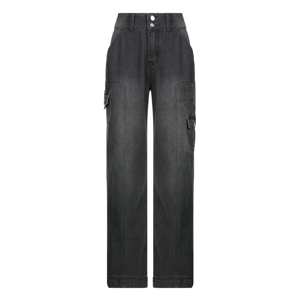 2021 foreign trade new street high waist straight casual jeans irregular pocket tooling mopping pants daddy pants