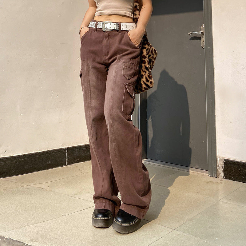 2021 foreign trade new street high waist straight casual jeans irregular pocket tooling mopping pants daddy pants