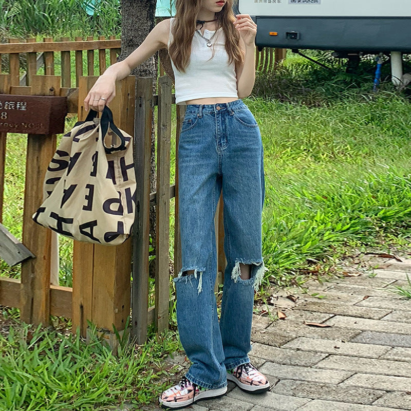 Broken jeans female 2021 new wave autumn and winter small small high waist thin straight loose vertical wide leg pants
