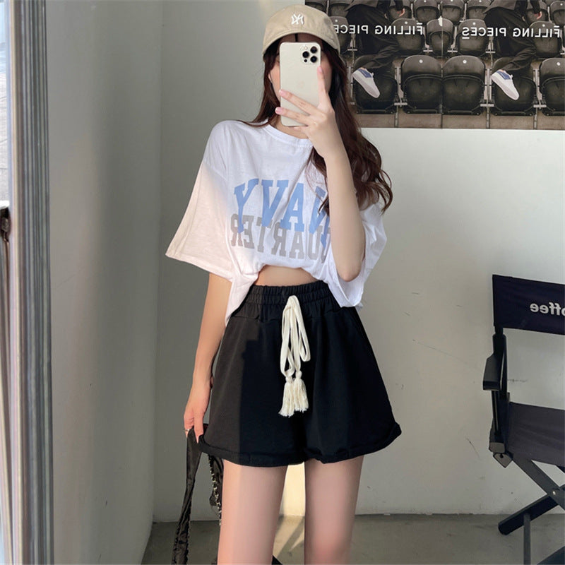 Look thin and tall! 2022 summer high waist curly sports shorts women's all-match casual wide-leg A-line hot pants