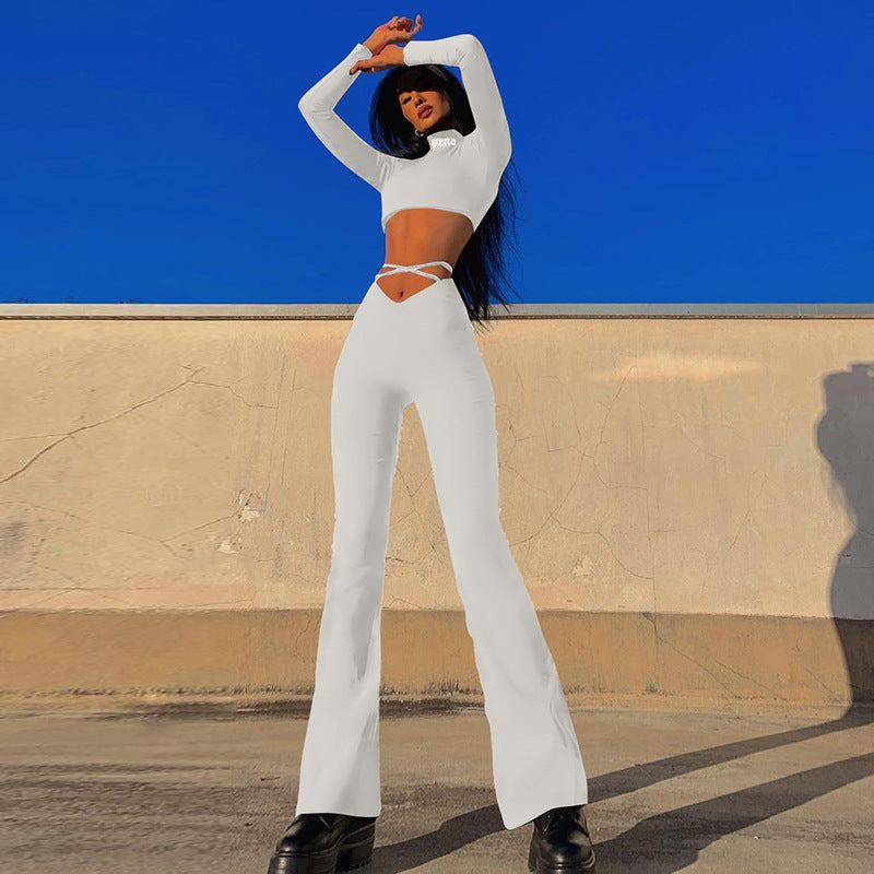 New V-shaped waist exposed navel cross strap flared casual pants