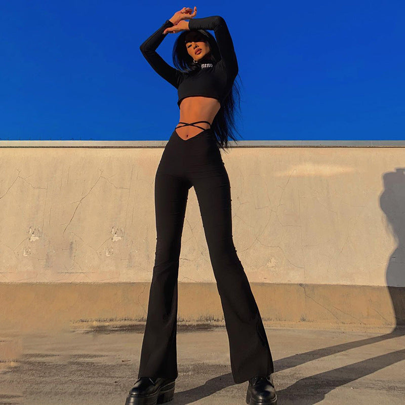New V-shaped waist exposed navel cross strap flared casual pants