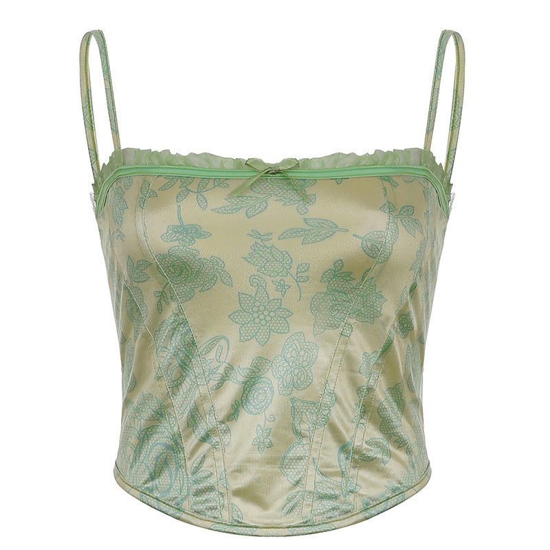 Europe and the United States 2021 autumn temperament lady camisole all-match slim lace top print strapless sexy suspender