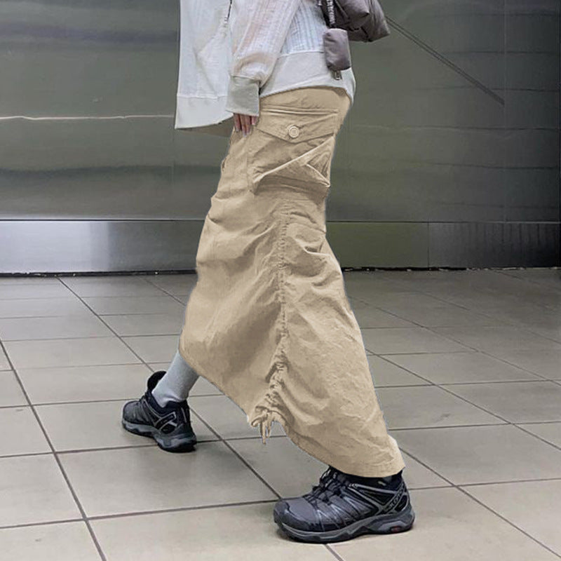 Smocked slit half-length skirt women's 2022 new solid color high waist back slit design over-the-knee woven A-line skirt
