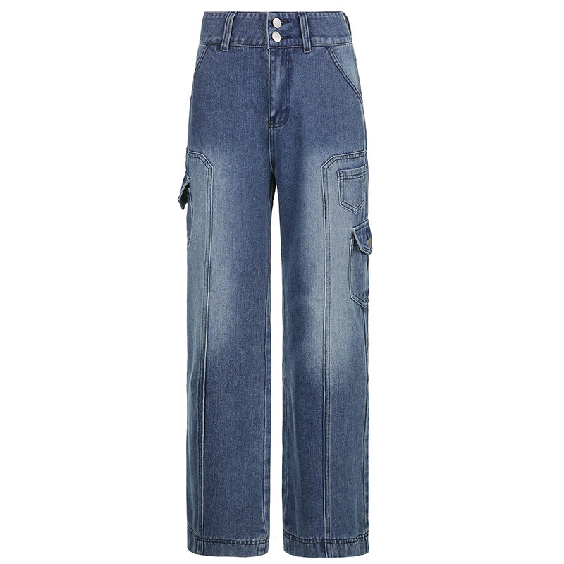2021 foreign trade new street high waist straight casual jeans irregular pocket tooling mopping pants daddy pants