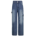 2021 foreign trade new street high waist straight casual jeans irregular pocket tooling mopping pants daddy pants