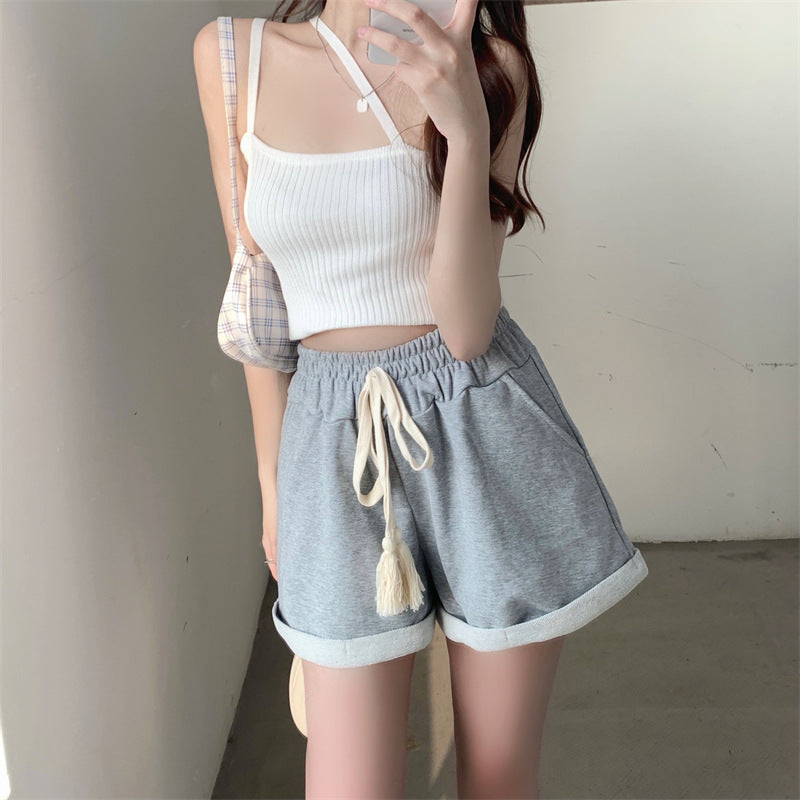 Look thin and tall! 2022 summer high waist curly sports shorts women's all-match casual wide-leg A-line hot pants