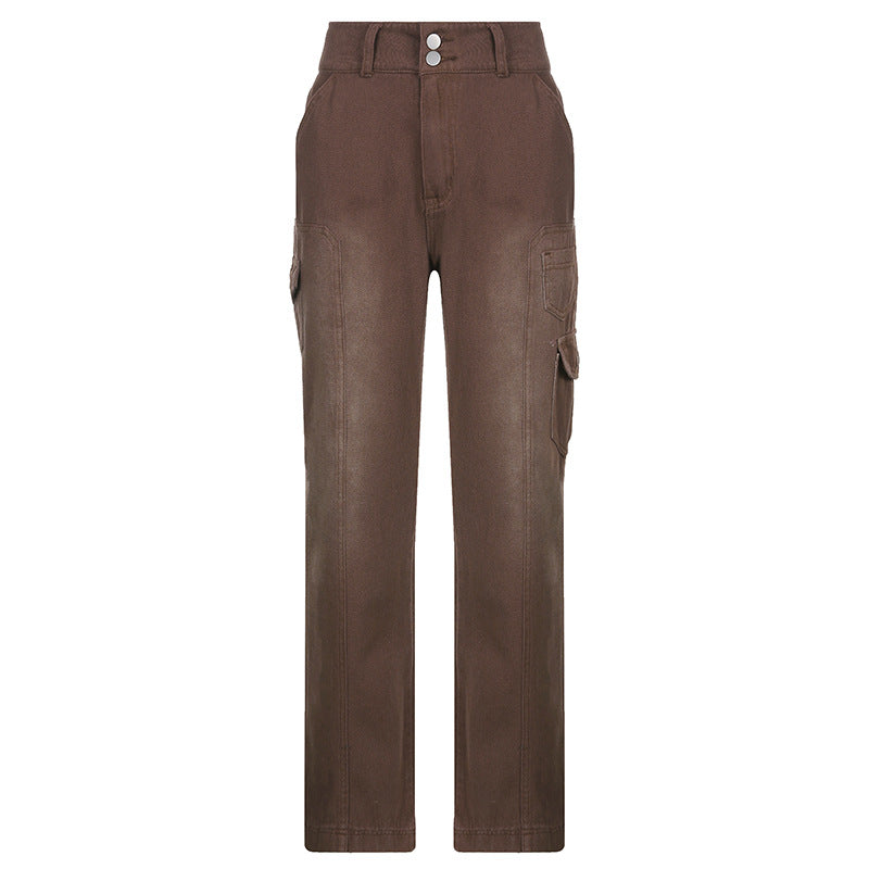 2021 foreign trade new street high waist straight casual jeans irregular pocket tooling mopping pants daddy pants