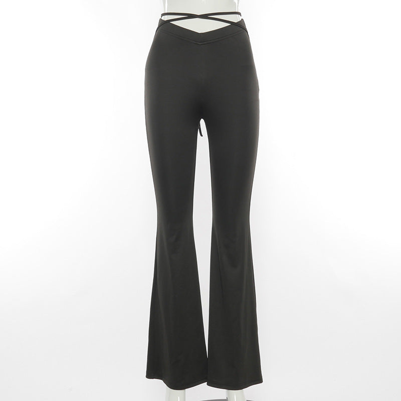New V-shaped waist exposed navel cross strap flared casual pants